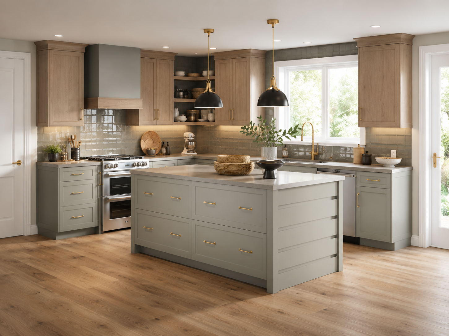 Two-tone kitchen with a sage-green island, wood cabinets, and brass hardware