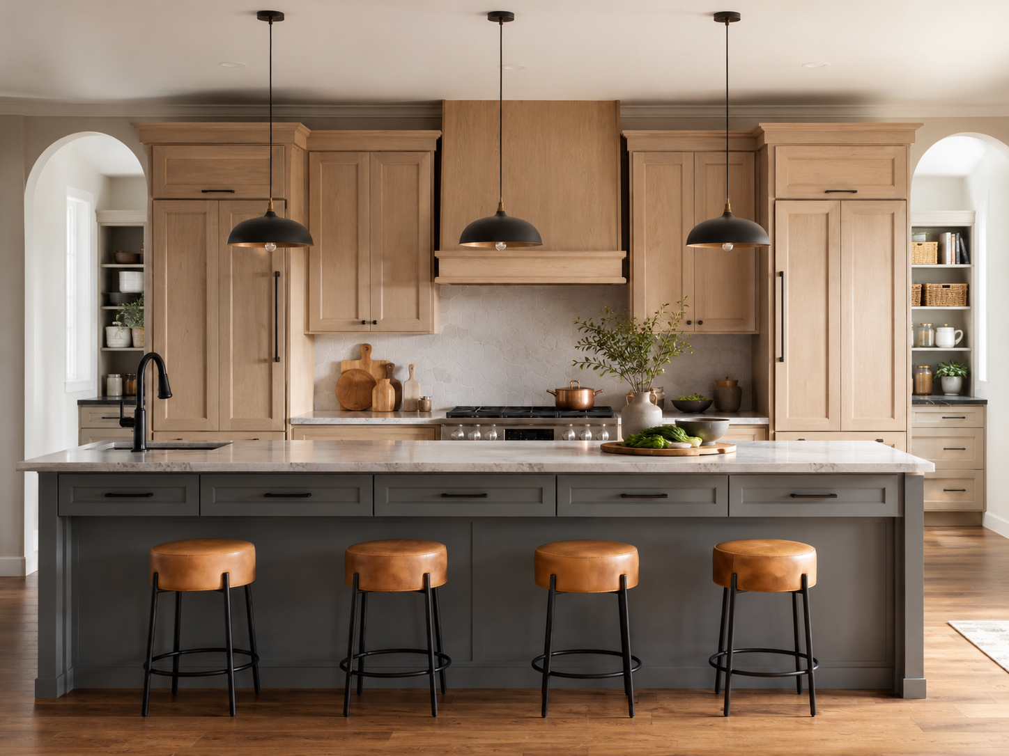 Warm wood kitchen with a gray island, leather barstools, and pendant lighting, a 2026 DFW remodeling trend