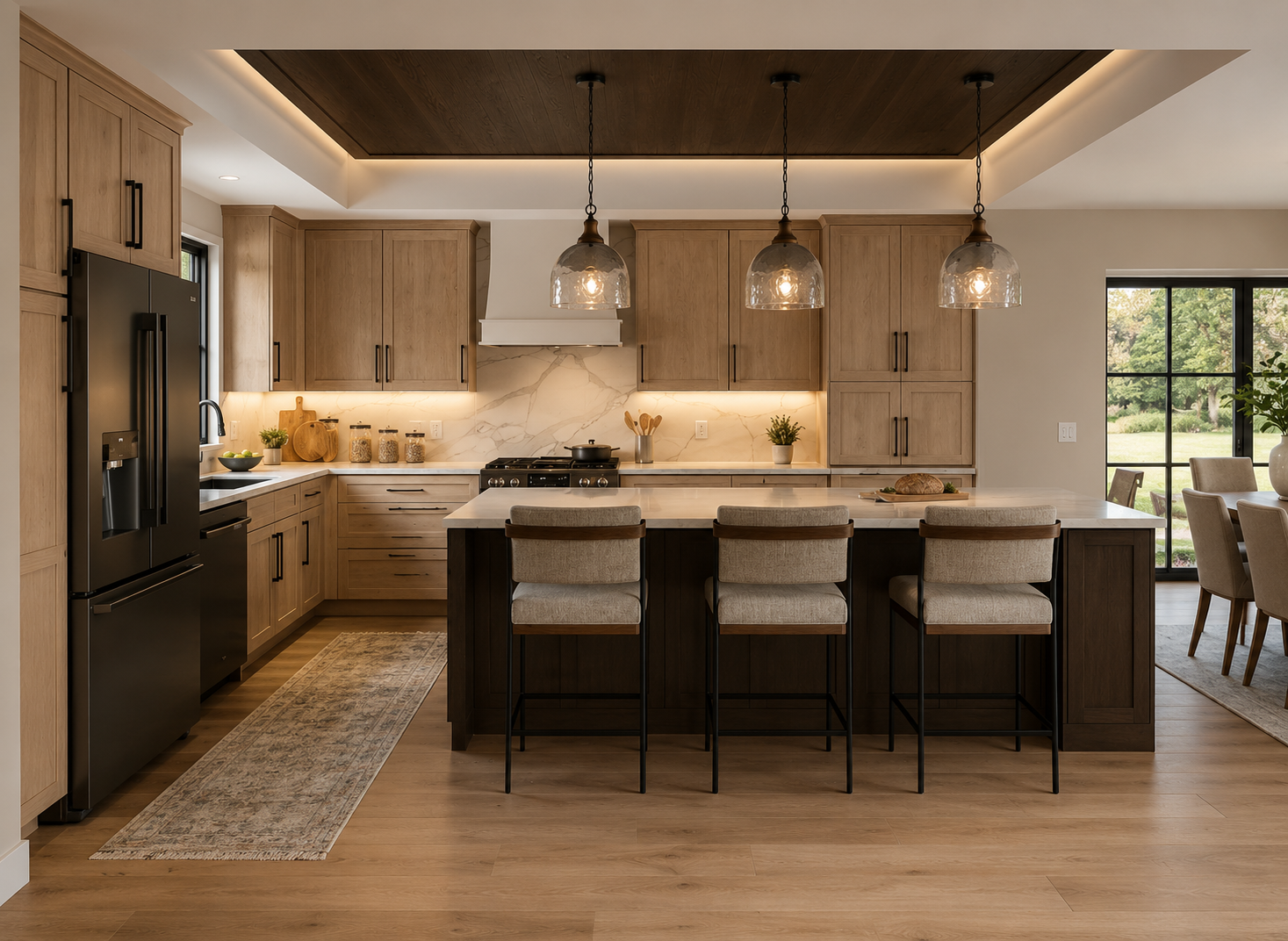 Warm wood-tone kitchen with a large island and modern pendant lights