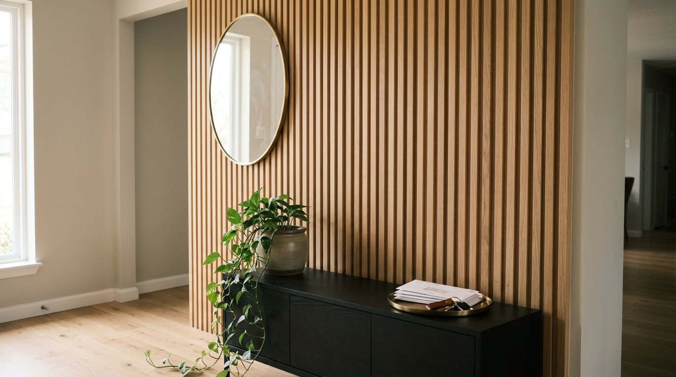 Custom white-oak fluted accent wall with a black console and round mirror in a Plano, TX interior remodel by UHS Remodeling