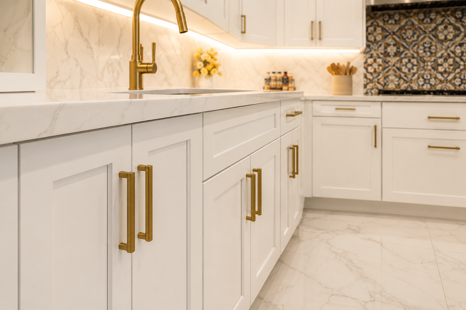 White shaker cabinets with brass bar pulls and a marble countertop