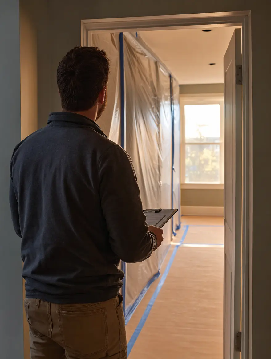 Sealed dust walls and protected floors on a UHS Remodeling job site at the end of a work day