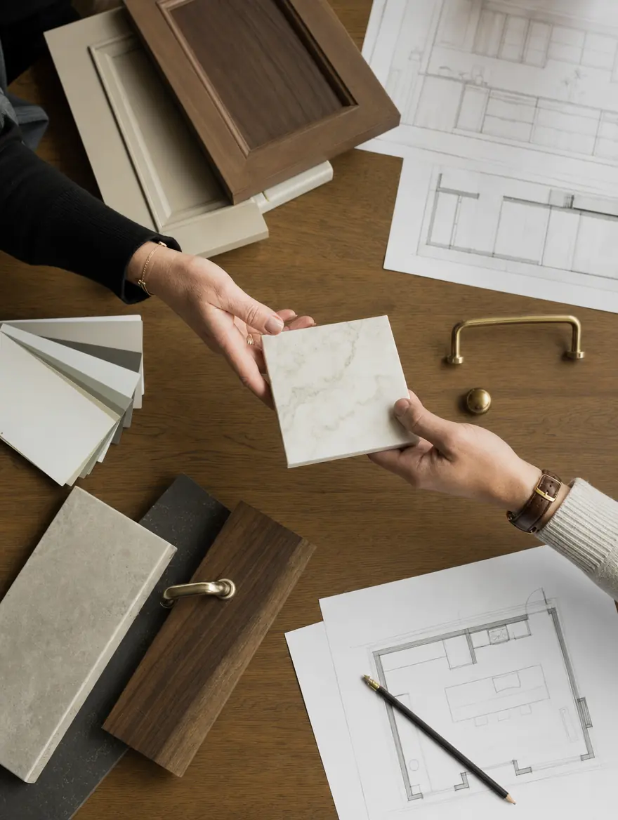 Fixed-price scope, drawings and material samples on a homeowner&rsquo;s table during a UHS Remodeling in-home consultation