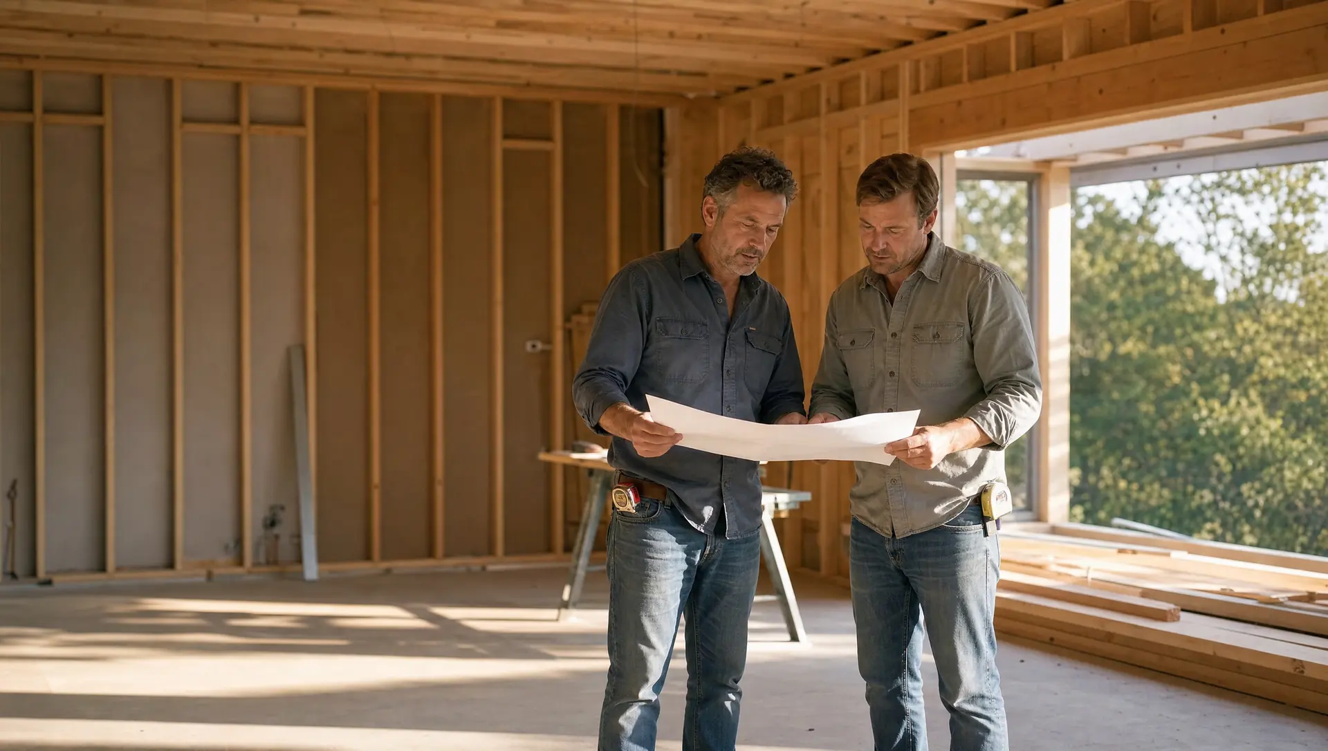 UHS Remodeling project leads reviewing construction drawings on a Dallas&ndash;Fort Worth job site