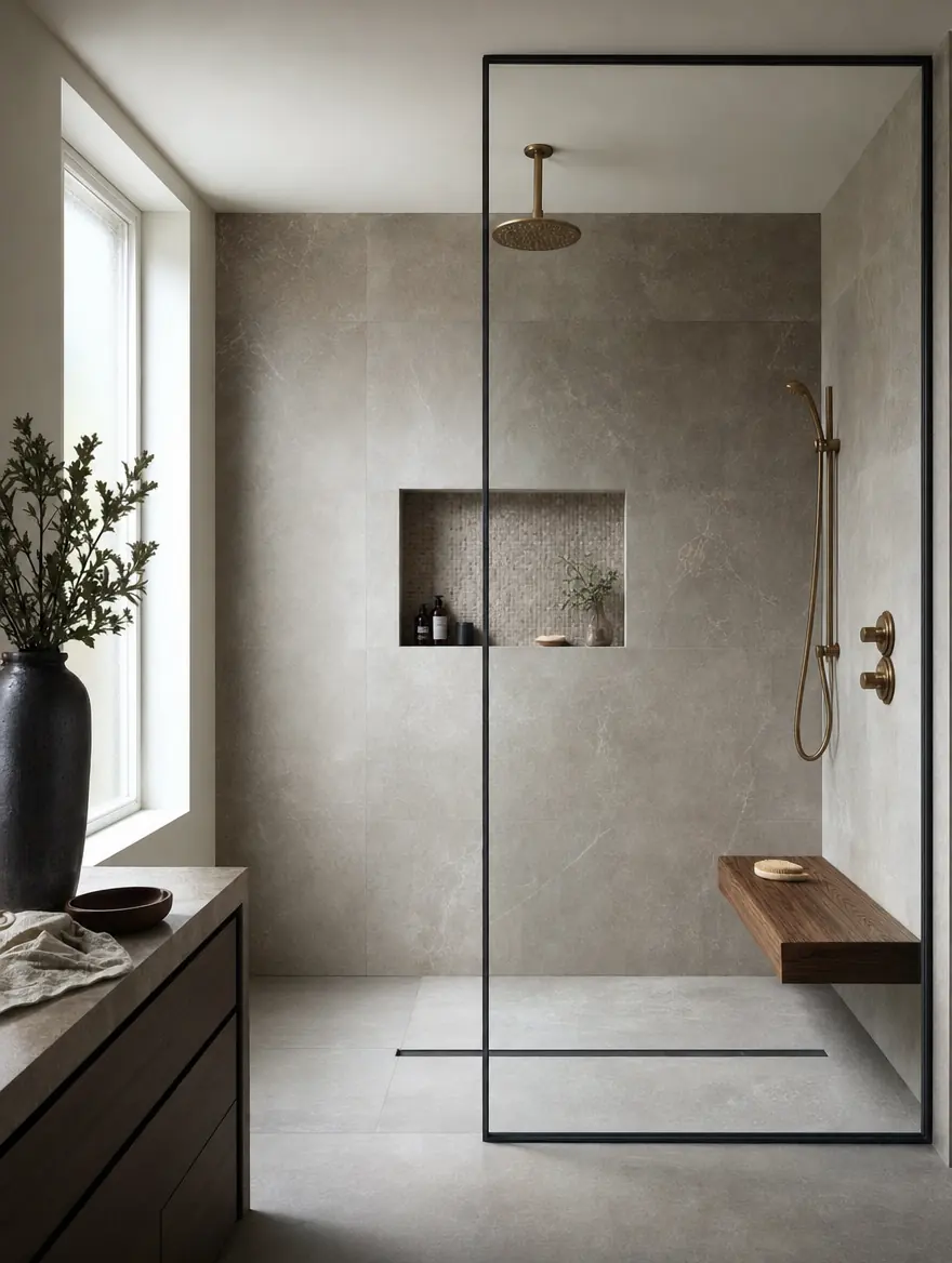 Curbless wet room · linear drain, steel glass panel