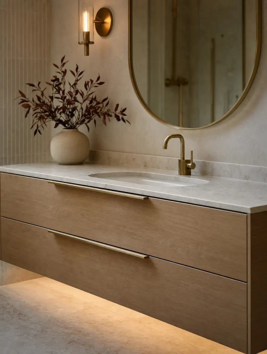 Vanity detail &middot; floating oak, honed marble