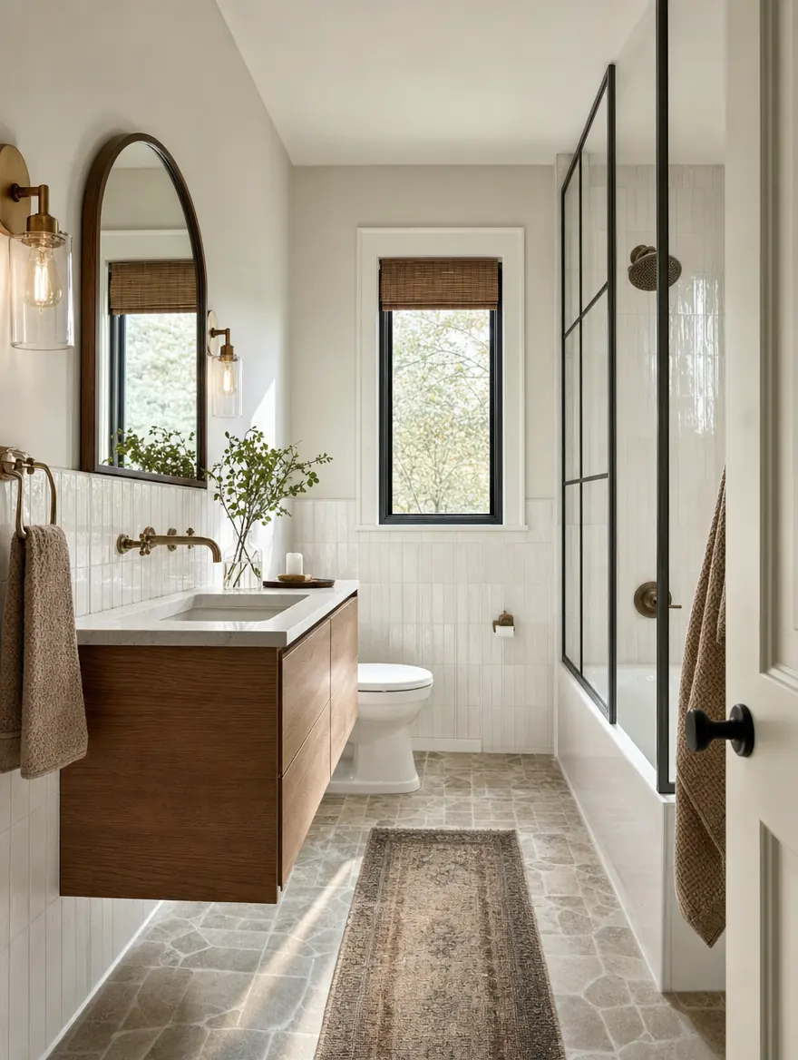 Guest and hall bath · tub-shower, tile wainscot