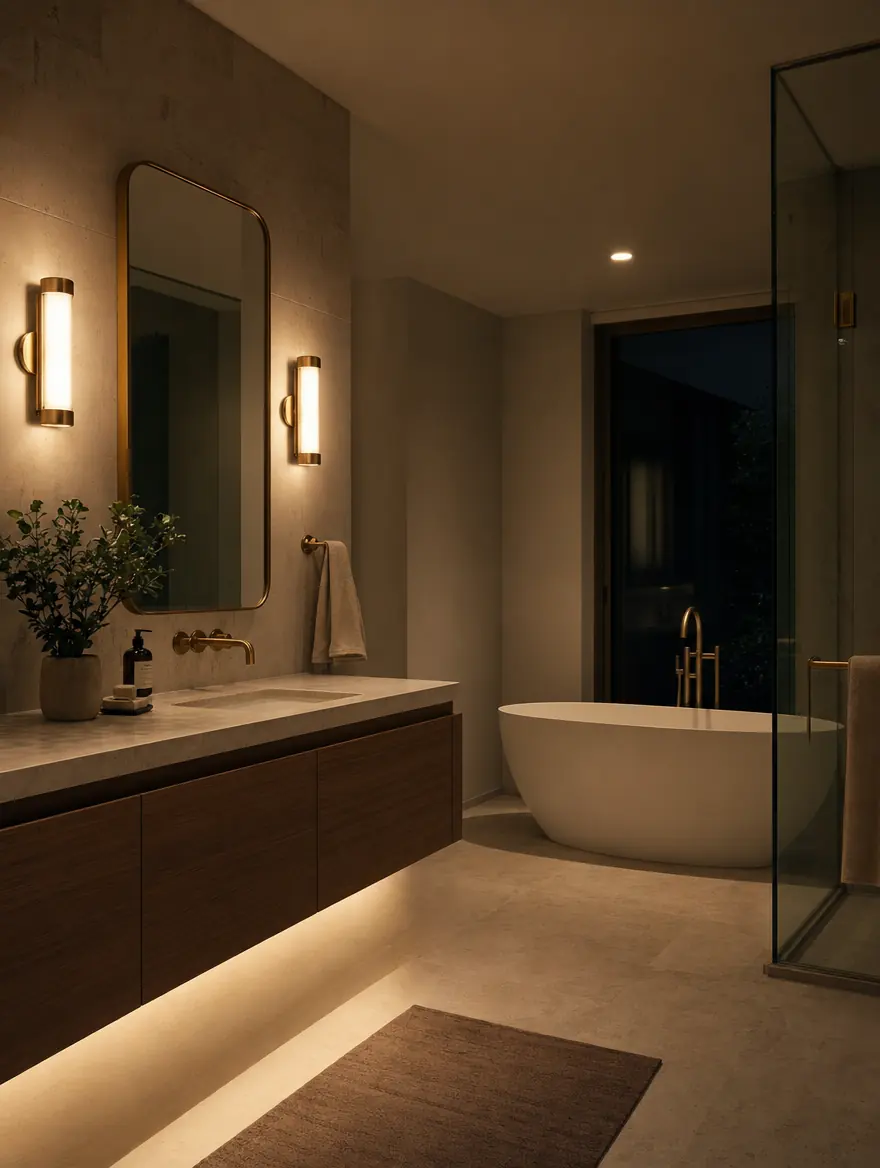 Layered lighting · sconces, vanity wash, tub downlight