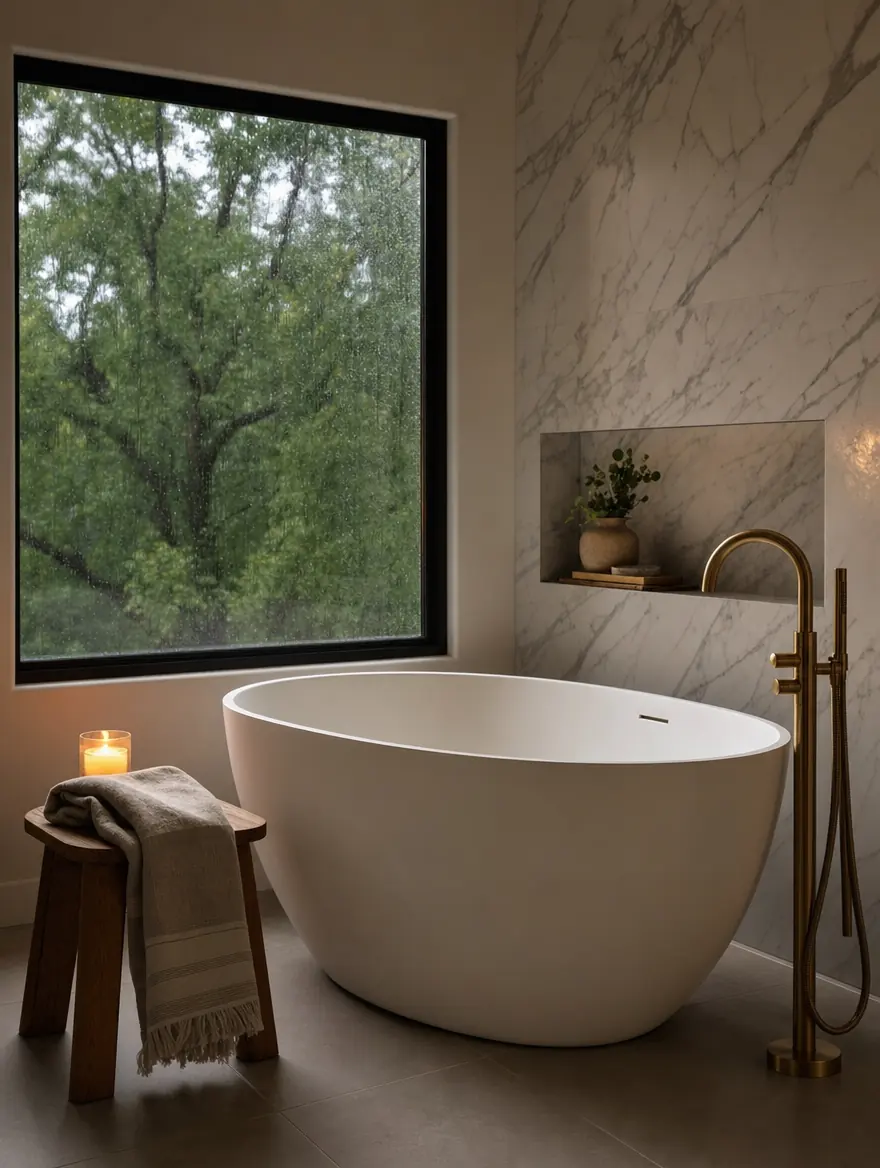 Freestanding soaker · floor-mounted brass filler