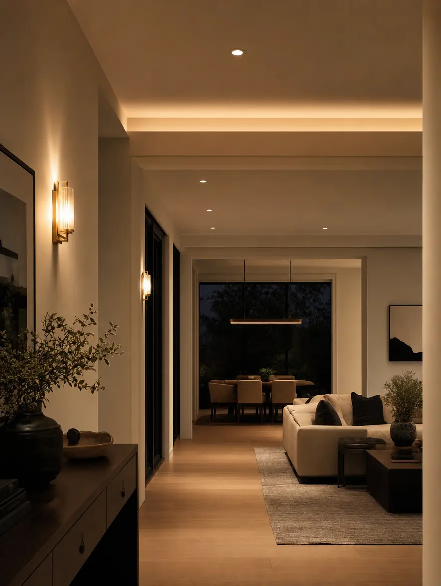 Design study: layered lighting with downlights, cove wash and sconces