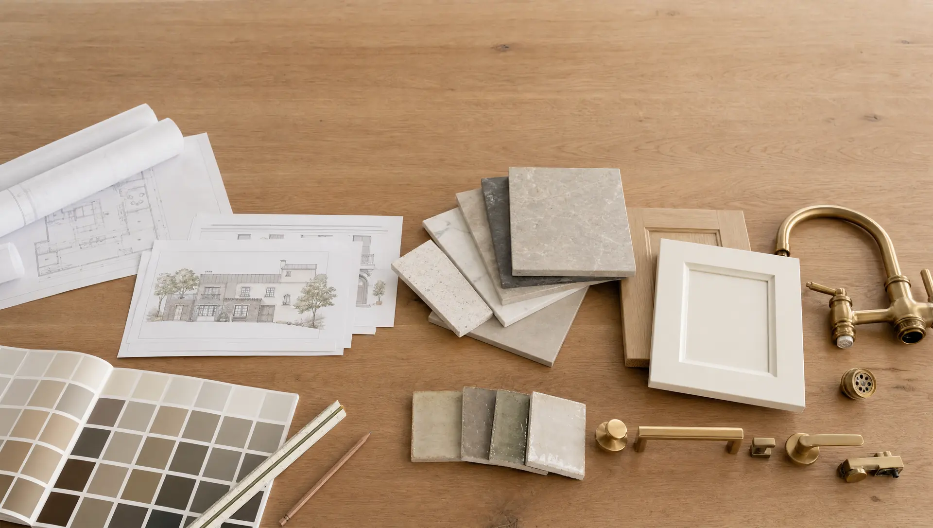 Remodeling cost planning selections and material samples laid out for a DFW homeowner