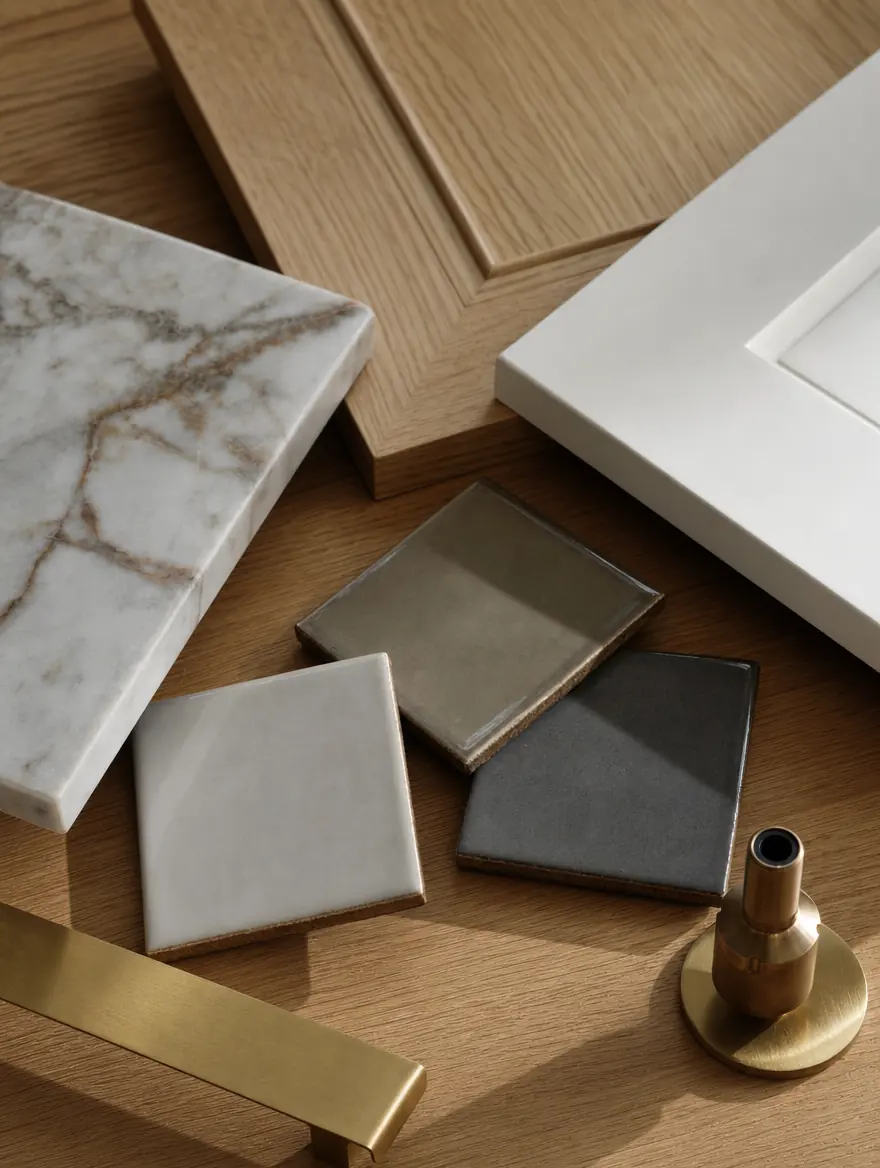 Stone, tile and cabinetry samples brought to a Dallas&ndash;Fort Worth home for a UHS Remodeling selections meeting