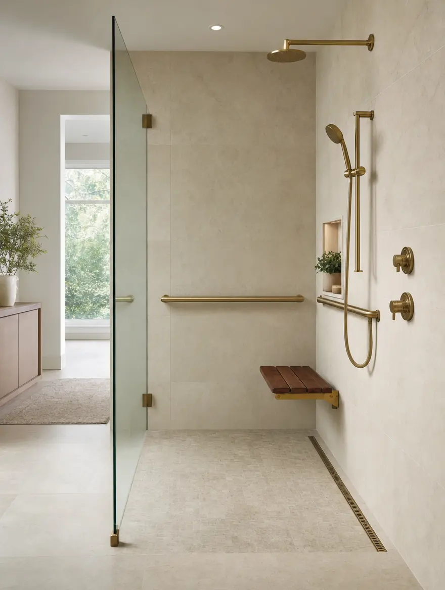 Accessible roll-in · flush floor, fold-down seat — UHS Remodeling design study