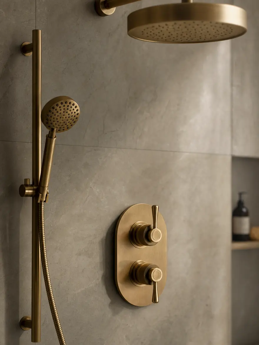 Fixtures · thermostatic brass, rain and handheld — UHS Remodeling design study