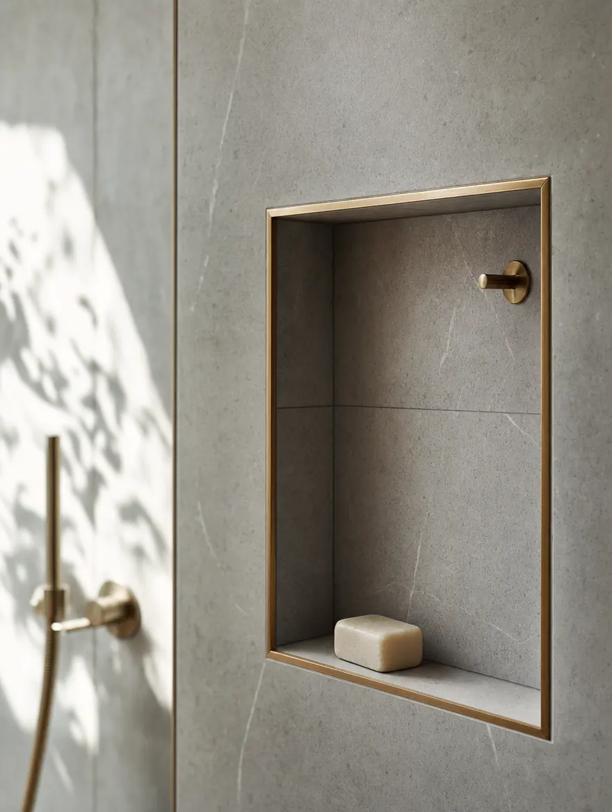 Recessed shower niche with a mitered stone shelf, tile detail design study by UHS Remodeling