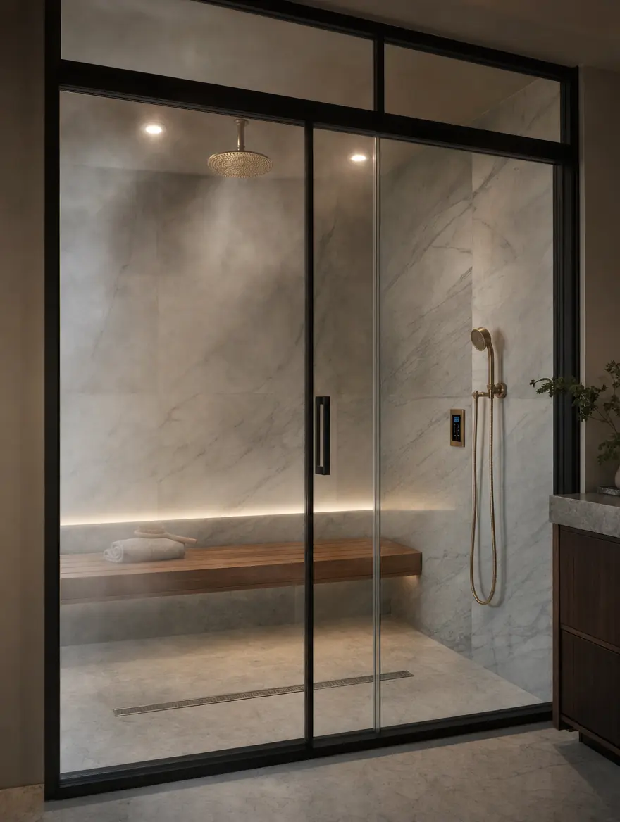Steam shower design study with a sealed glass transom and marble slab walls, by UHS Remodeling