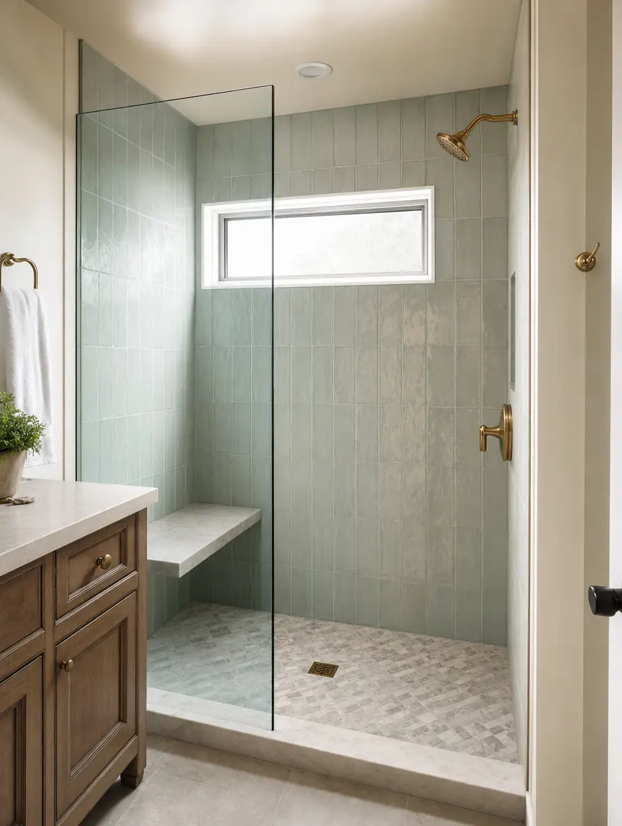 Tub-to-shower conversion design study for a Plano guest bathroom, curbless entry and stone tile, by UHS Remodeling