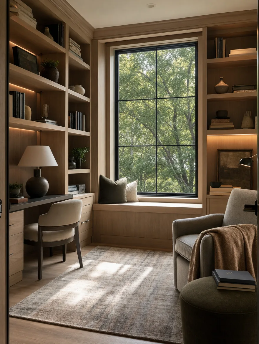 Built-in shelving, custom finishes