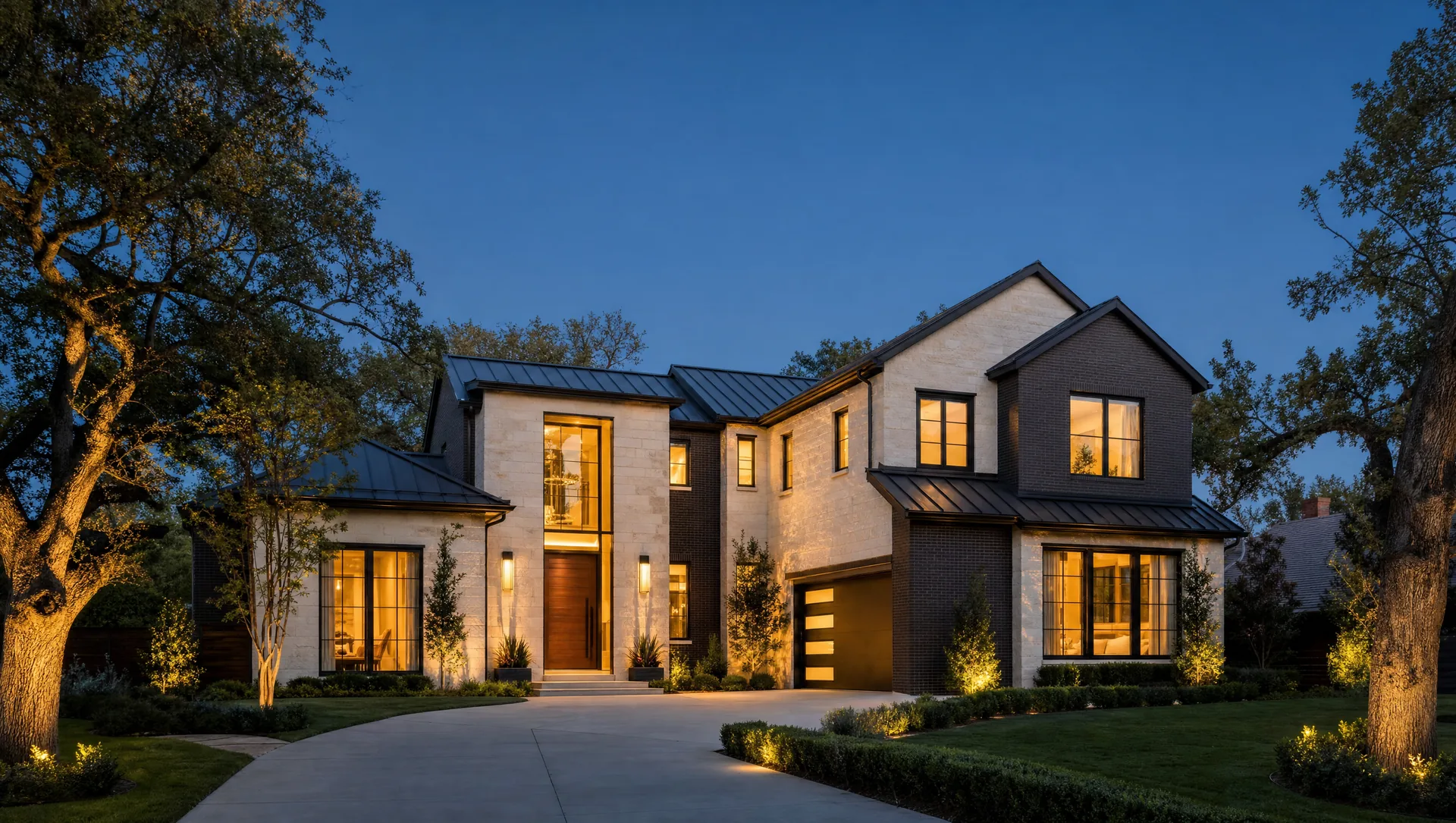 Completed luxury renovation, 3/4 view, dallas street, dusk