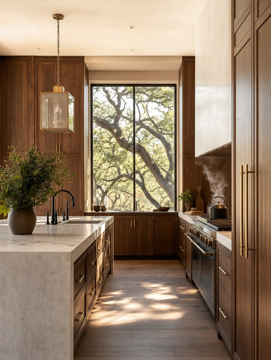 Walnut cabinetry, honed stone island, brass, morning light