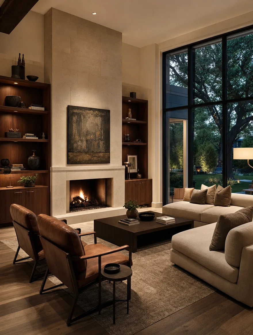 Fireplace feature, custom cabinetry, evening light