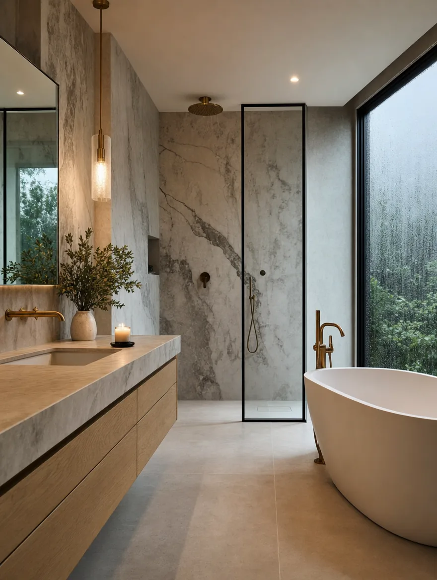 Floating vanity, marble, freestanding tub, brass