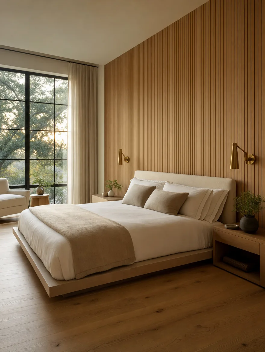 Feature wall, low platform bed, dawn light