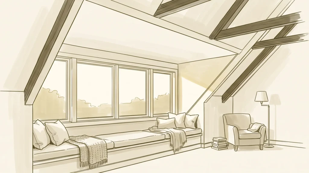 Editorial illustration of a converted attic with a shed dormer window band and a cushioned window seat