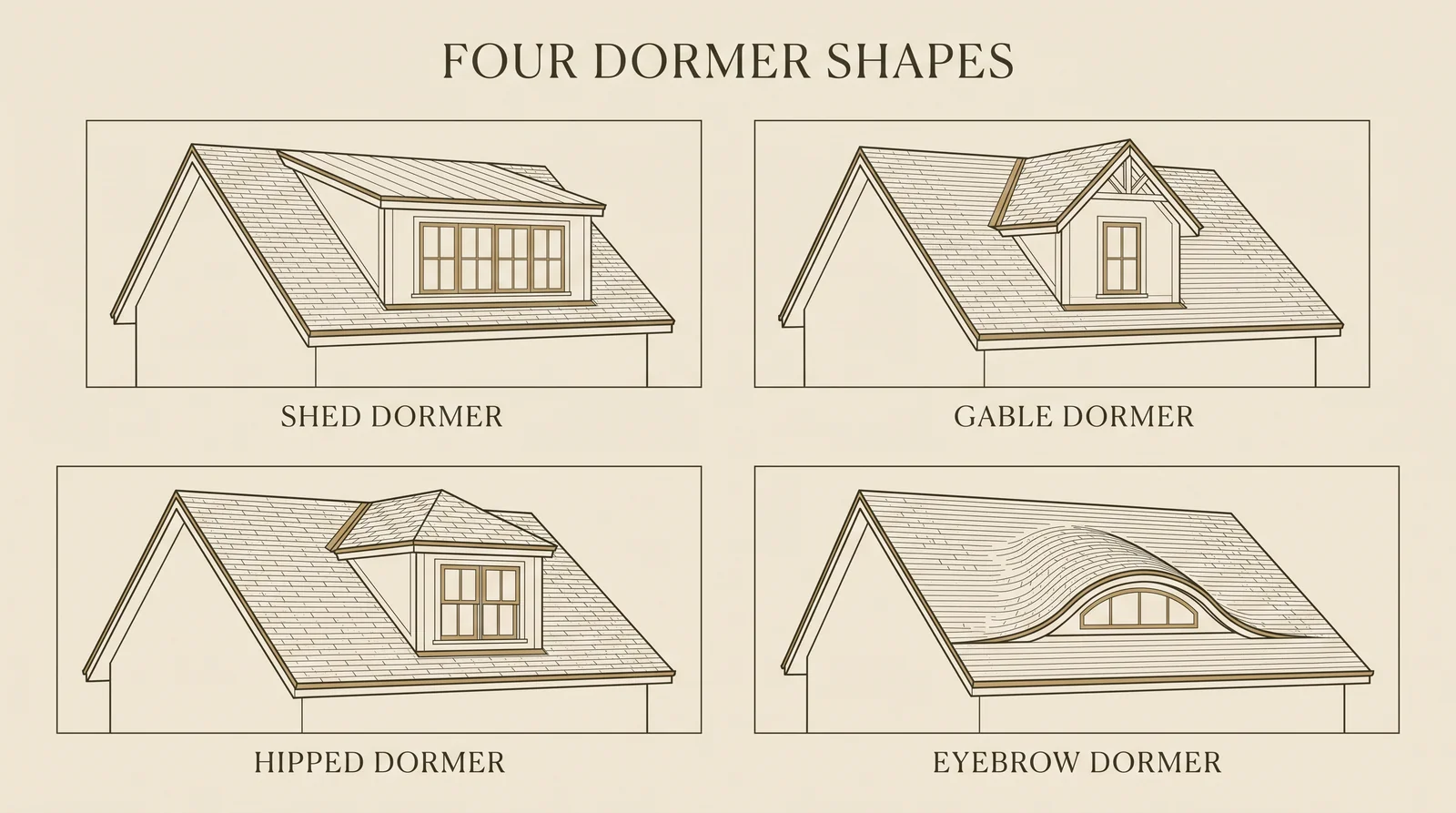 Diagram of the four dormer types for an attic conversion — shed, gable, hipped and eyebrow — drawn on the same pitched roof