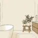 Editorial illustration of a serene new bathroom with a freestanding tub, arched window and brass fittings