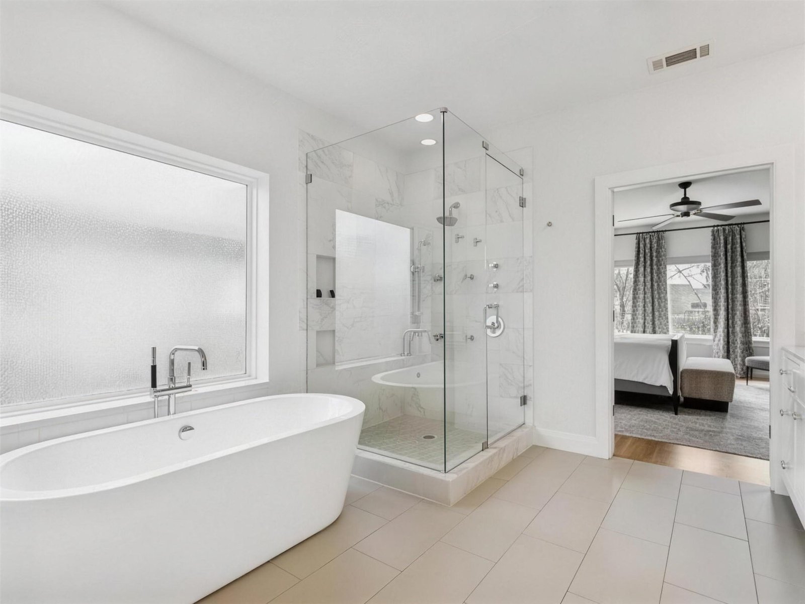 Bathroom remodel in University Park, TX — freestanding tub corner shower — UHS Remodeling project