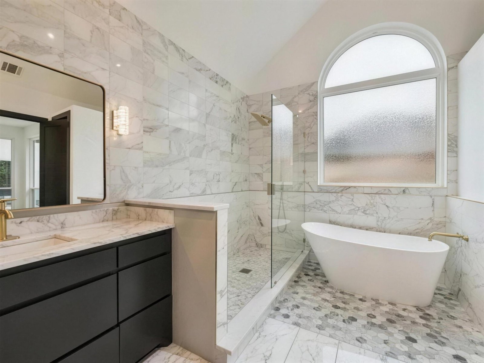 Bathroom remodel in Plano, TX — freestanding tub glass shower — UHS Remodeling project