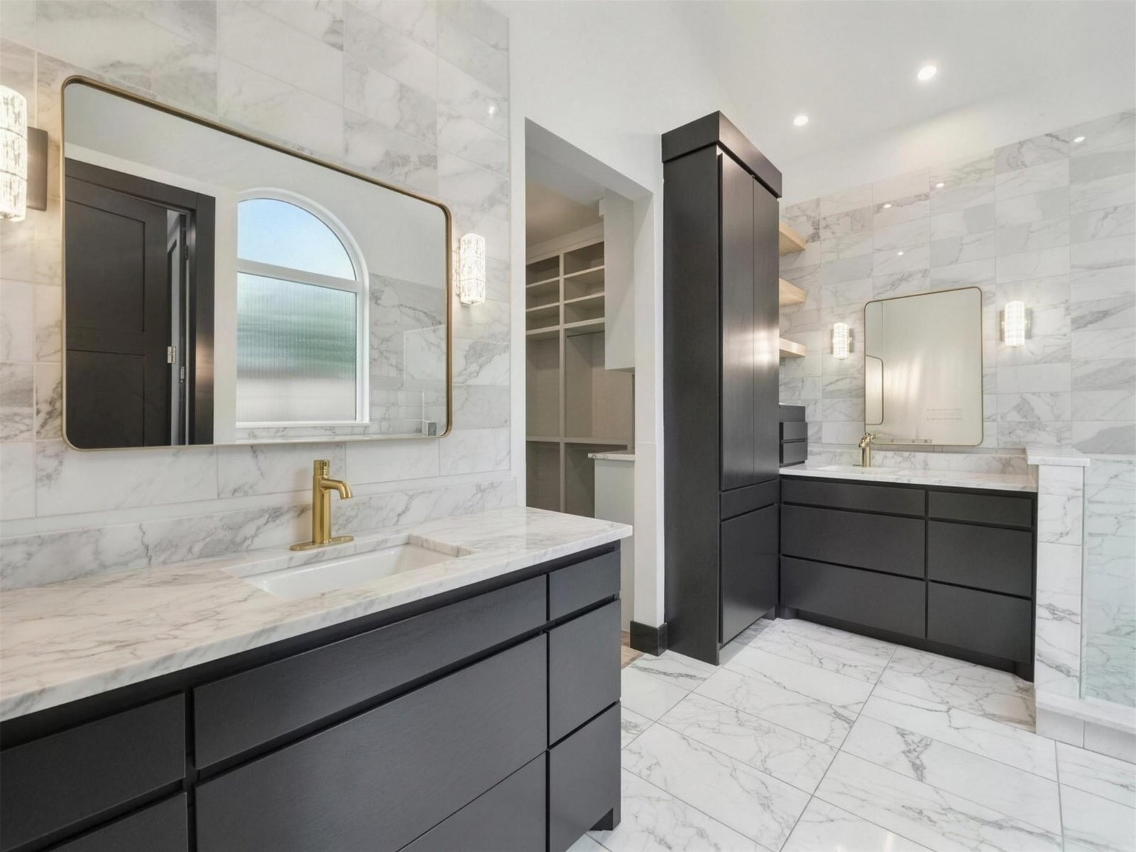 Bathroom remodel in Plano, TX — marble walls dual dark vanities — UHS Remodeling project