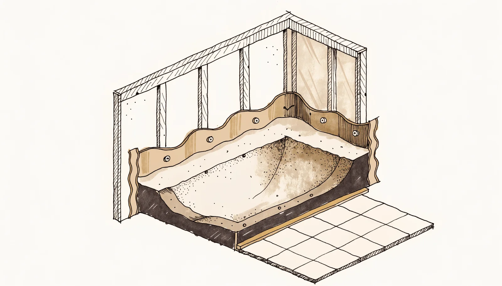 Ink-and-wash cutaway of a shower wall showing the waterproofing membrane layers behind the tile, design study