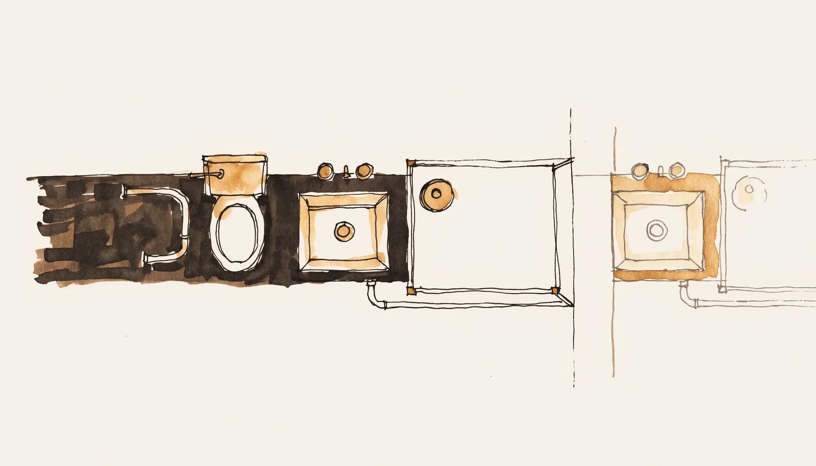 Ink-and-wash floor plan vignette of a bathroom with the plumbing wall and fixture positions on the existing wet wall, design study
