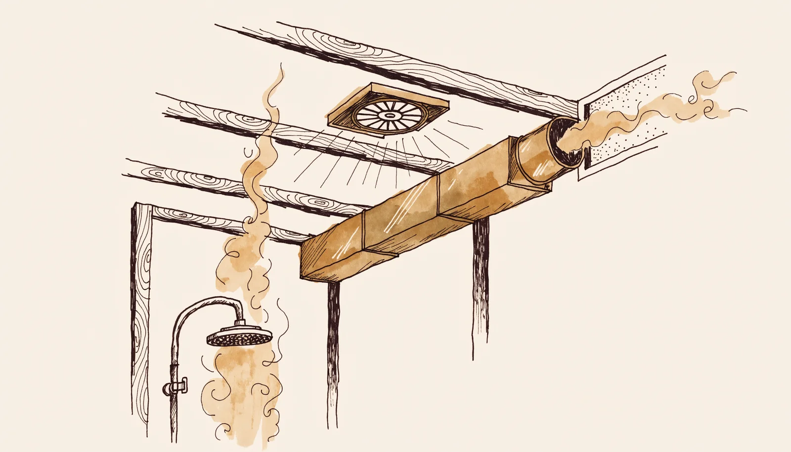 Ink-and-wash vignette of a bathroom exhaust fan drawing moist air from a shower into a ceiling duct, design study