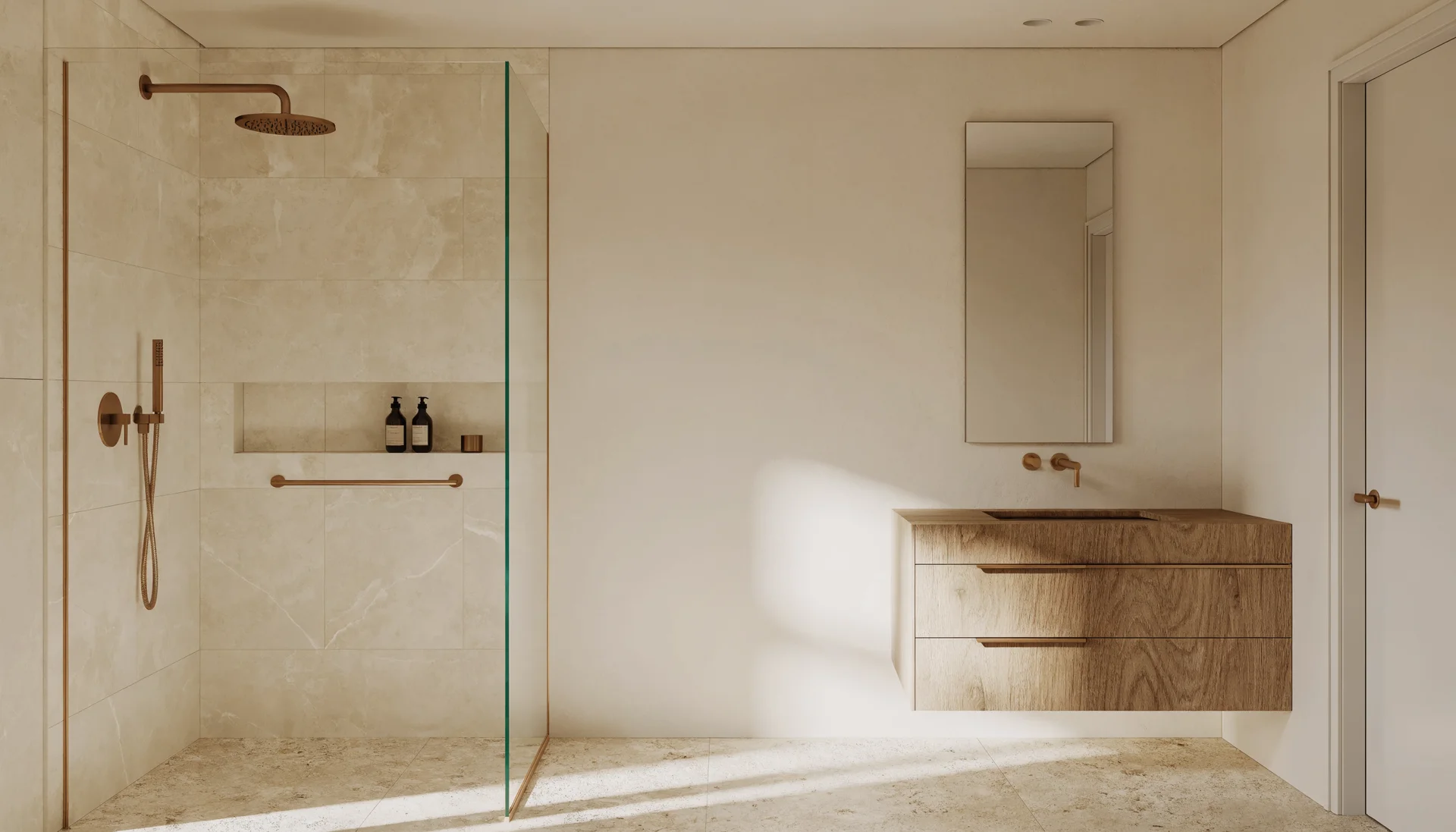 Photorealistic rendering of a warm cream and brass primary bathroom with a walk-in shower and tiled niche, design study