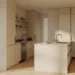 Photorealistic interior-design visualization render of a warm cream and brass kitchen with a relocated island mid-planning, design study