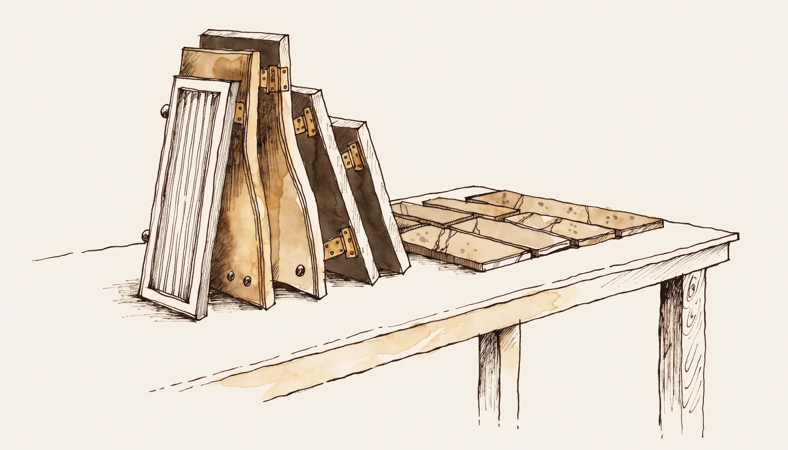 Ink-and-wash vignette of cabinet fronts and stone countertop samples arranged for comparison, design study