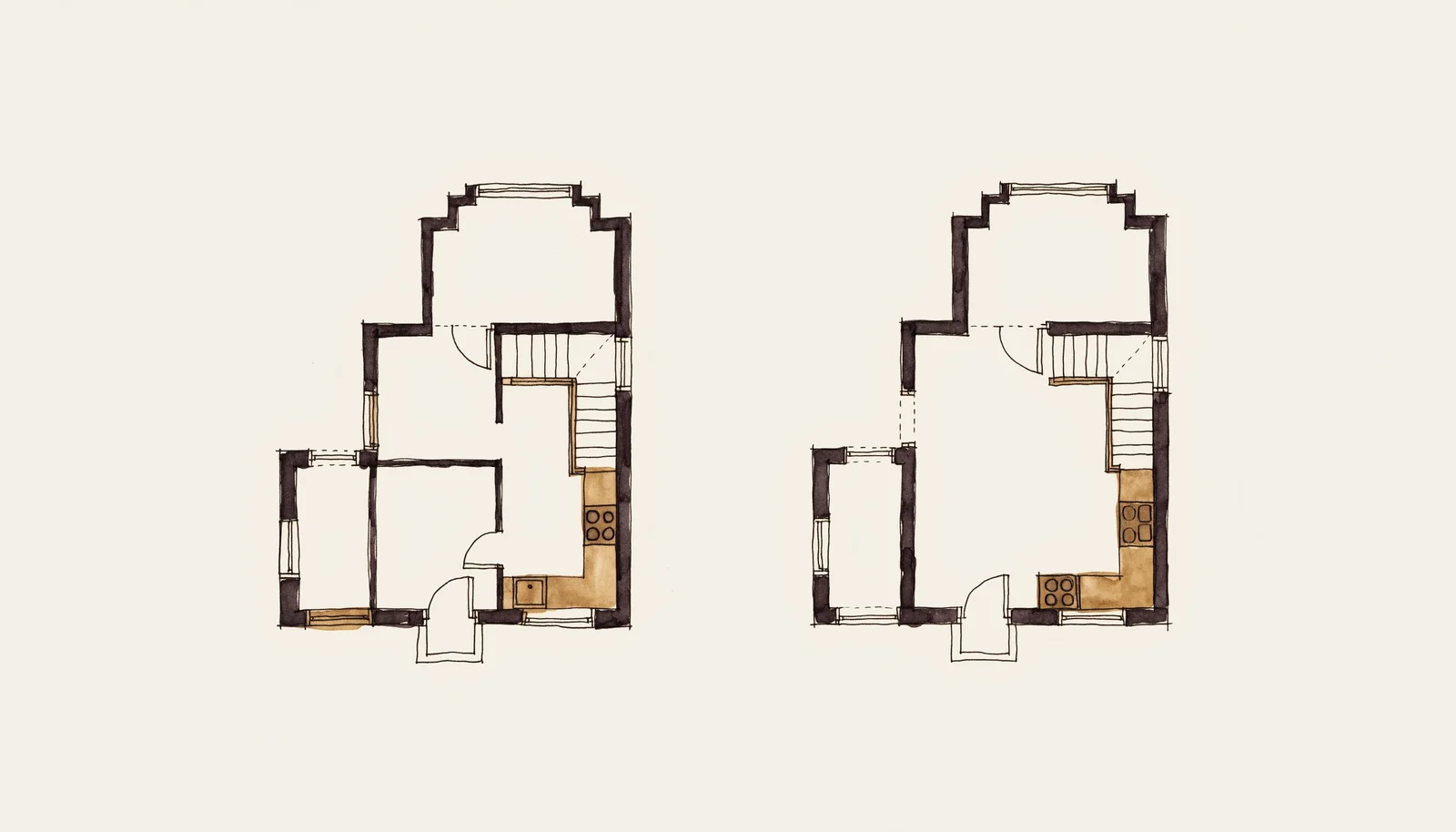 Ink illustration contrasting a closed-off compartmentalized kitchen floor plan with an opened-up plan borrowing light from adjacent rooms, design study