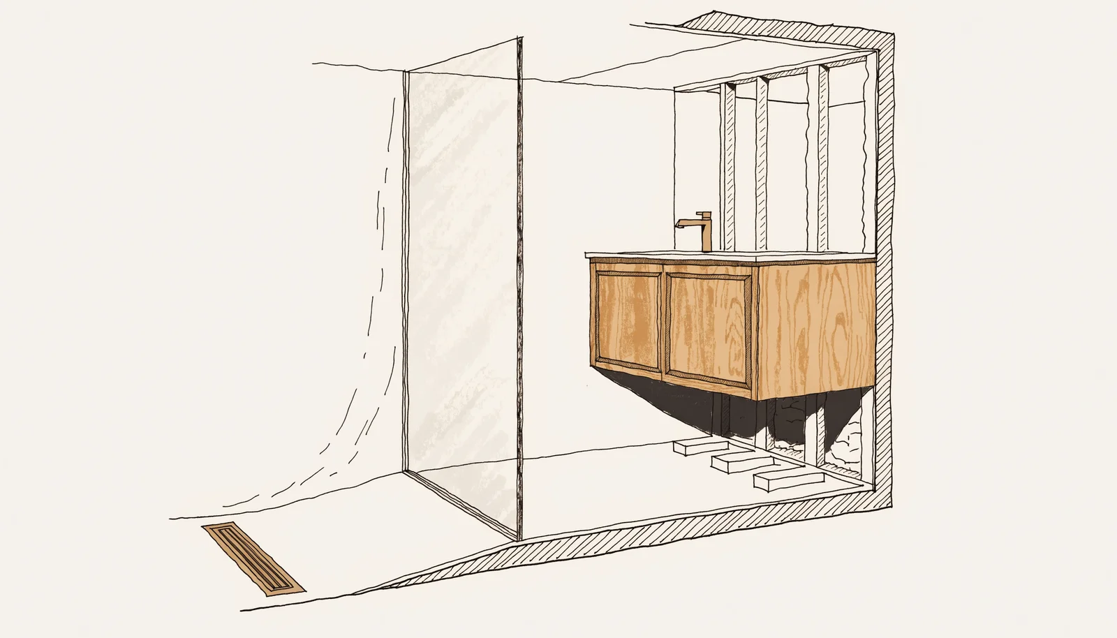 Curbless walk-in shower with linear drain and floating vanity showing hidden wall blocking, design study