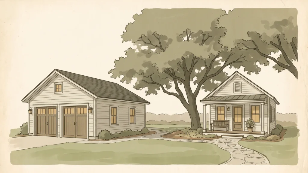 Editorial illustration of a new detached two-car garage beside a small backyard ADU cottage under a live oak