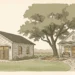 Editorial illustration of a new detached two-car garage beside a small backyard ADU cottage under a live oak