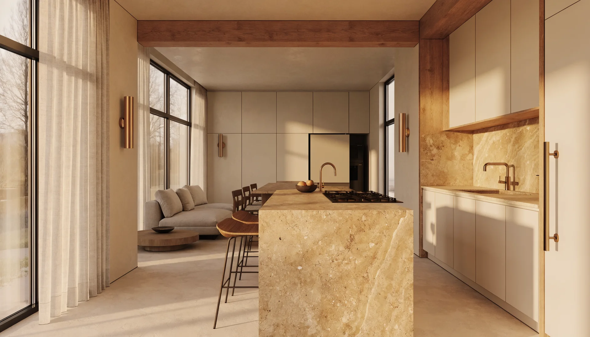 Photorealistic interior design visualization of a warm minimalist open kitchen in cream and natural oak with brushed brass fixtures and a large island, design study