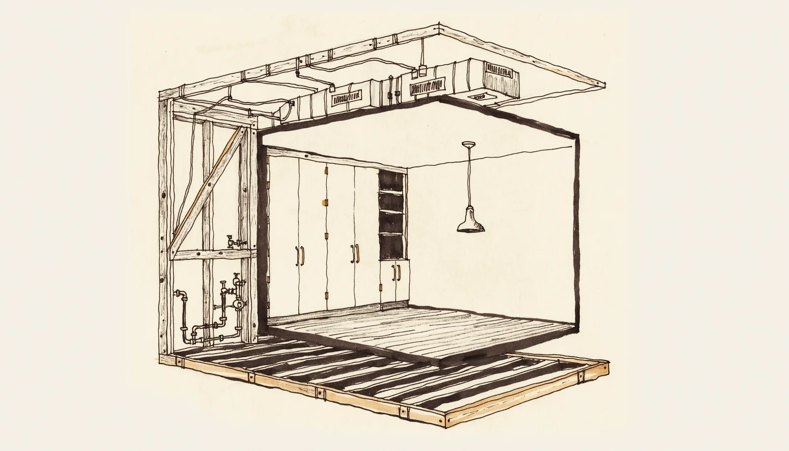 Ink-and-wash cutaway of a room divided between finished surfaces and the wiring, plumbing and framing hidden behind them, design study
