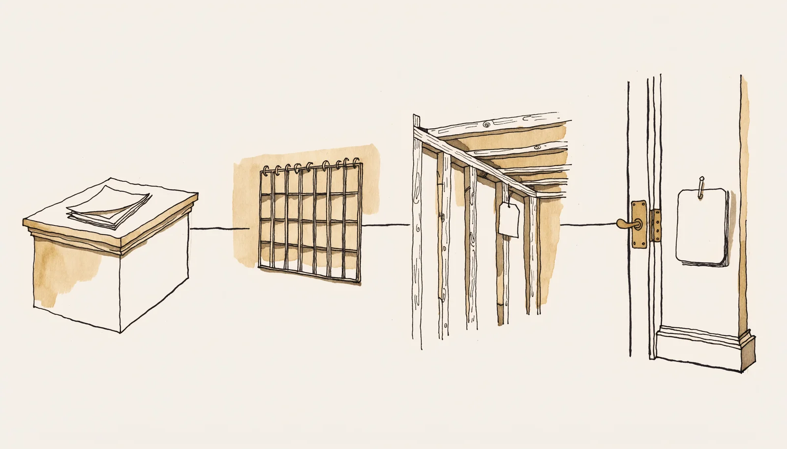Ink-and-wash sequence of a permit moving from application through review to staged city inspections, design study