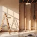 Ink-and-wash illustration of a homeowner painting one side of a wall while exposed framing with wiring and pipes waits on the other, design study