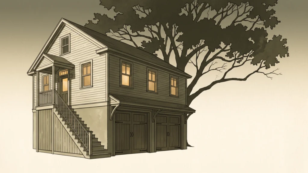 Editorial illustration of a two-story carriage house at dusk, apartment windows glowing above the garage bays