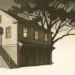 Editorial illustration of a two-story carriage house at dusk, apartment windows glowing above the garage bays