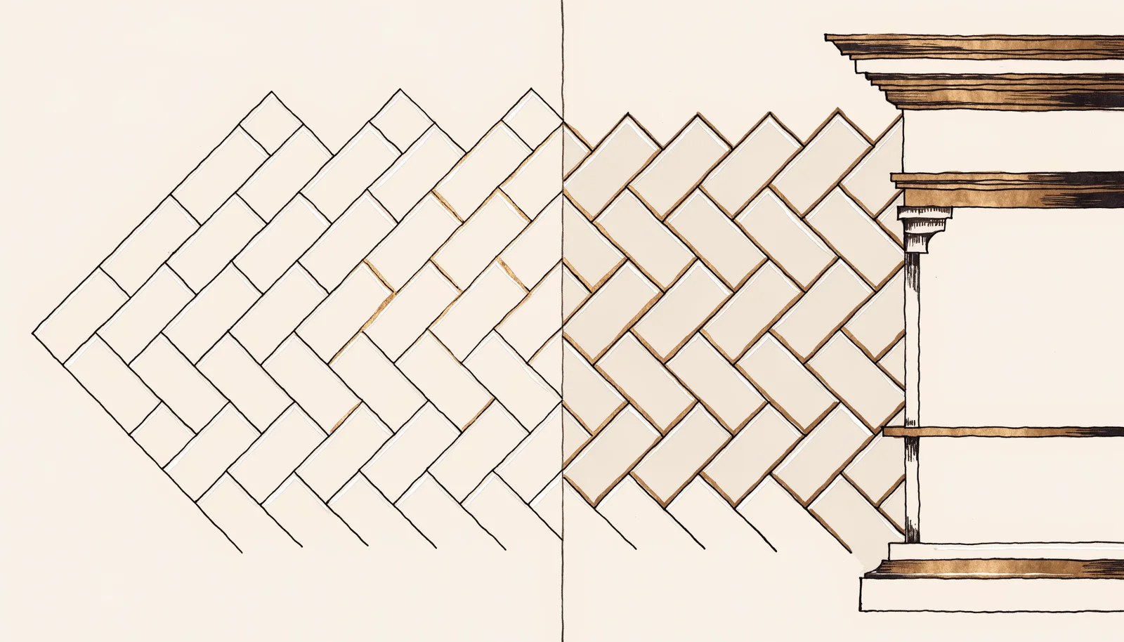 Herringbone and basketweave tile layouts beside framed traditional cabinetry, design study